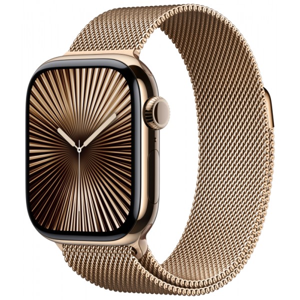 Apple Watch S10 42mm: Золотой титановый корпус с золотым миланским браслетом
