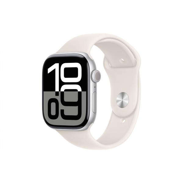 Apple Watch S10 46mm: Серебряный алюминиевый корпус с ремешком Starlight Sport S/M