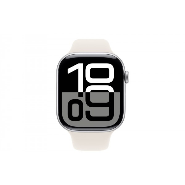 Apple Watch S10 46mm: Серебряный алюминиевый корпус с ремешком Starlight Sport S/M