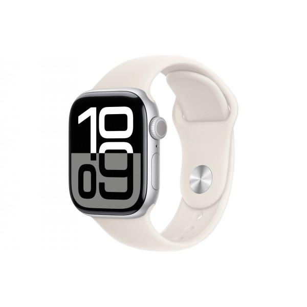 Apple Watch S10 42mm: Серебряный алюминиевый корпус с ремешком Starlight Sport S/M