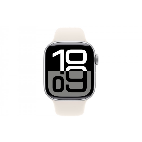 Apple Watch S10 42mm: Серебряный алюминиевый корпус с ремешком Starlight Sport S/M